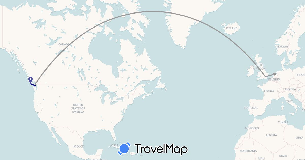 TravelMap itinerary: driving, plane in Canada, United Kingdom, Netherlands (Europe, North America)